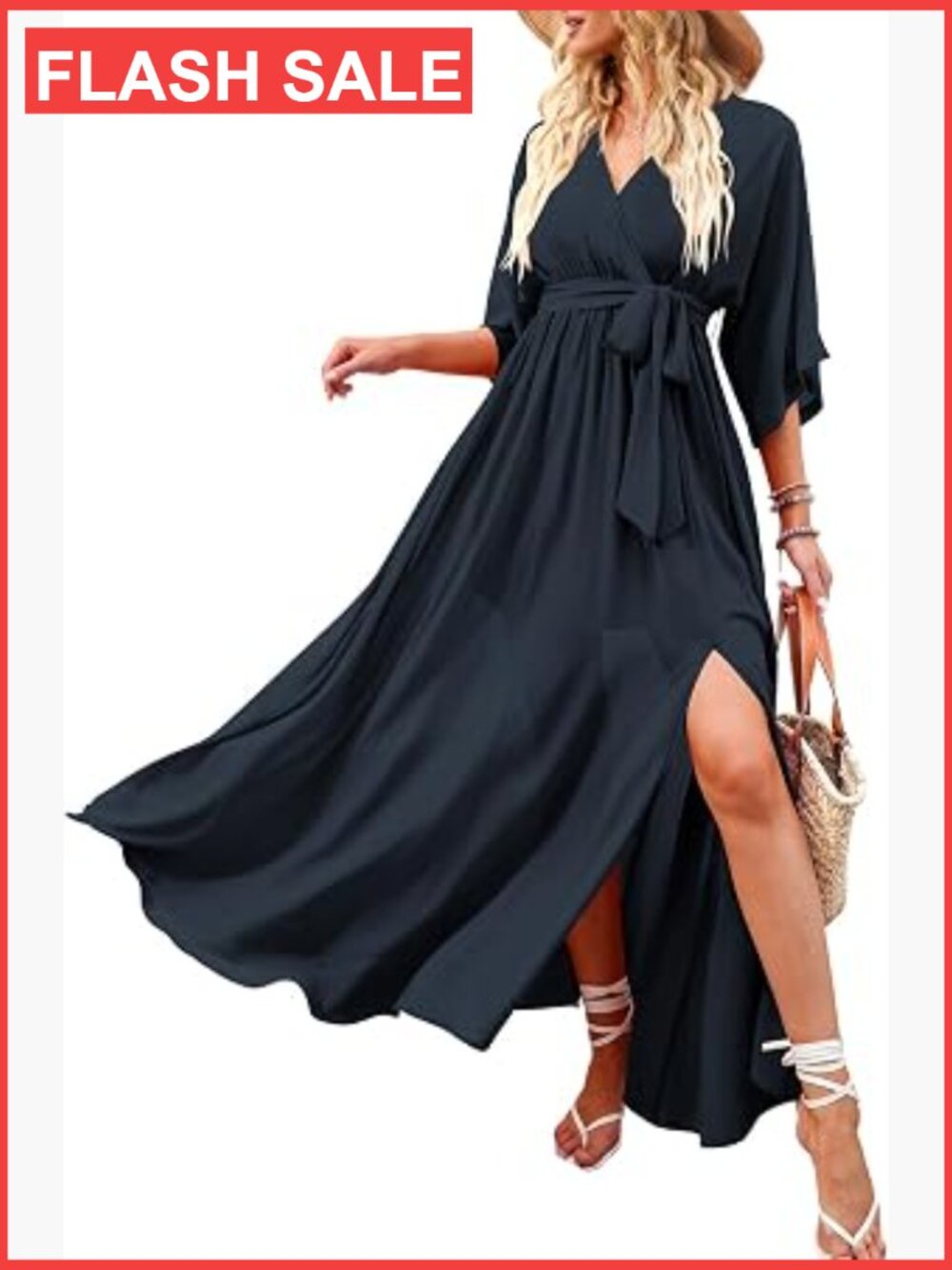 Boho Floral Wrap V-Neck Maxi Dress with Belt, 3/4 Sleeve, High Slit